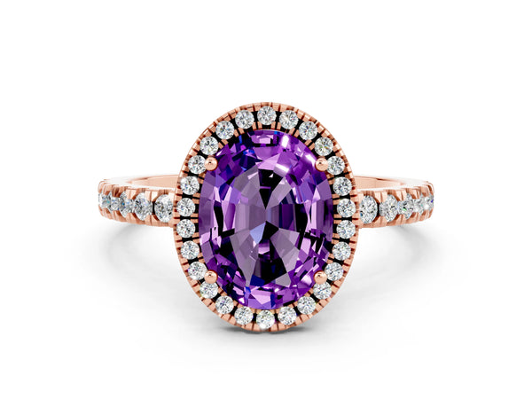Rose gold Oval Cut Amethyst Classic Halo Engagement Ring with Round Pavé Band and Prong Setting