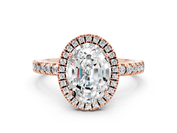 Rose gold Oval Cut Moissanite Classic Halo Engagement Ring with Round Pavé Band and Prong Setting