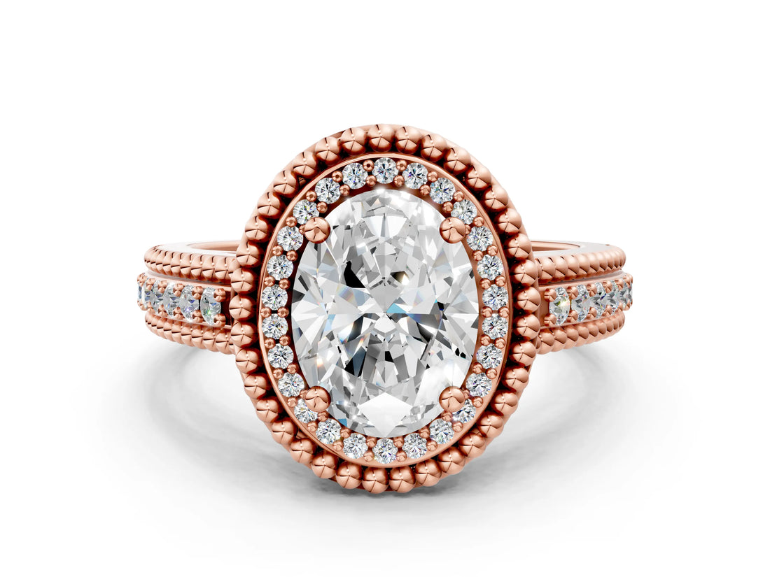 Rose gold Oval Cut Halo Diamond Ring with Beaded Split Shank and Four-Prong Setting_9
