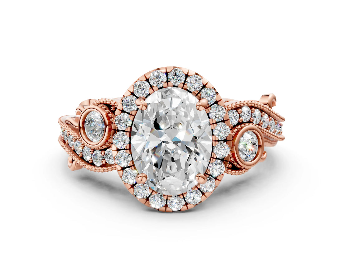 Rose gold Oval Cut Halo Diamond Ring with Milgrain and Bezel Accents on a Split Shank Band_15