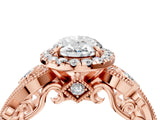 Rose gold Oval Cut Halo Diamond Ring with Milgrain and Bezel Accents on a Split Shank Band_19