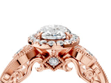 Rose gold Oval Cut Halo Diamond Ring with Milgrain and Bezel Accents on a Split Shank Band_31