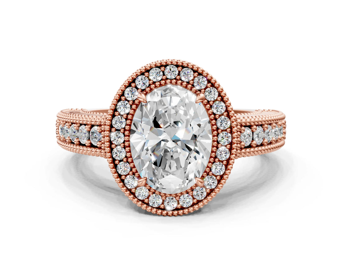 Rose gold Oval Cut Halo Diamond Ring with Pavé Band and Four-Prong Setting_82