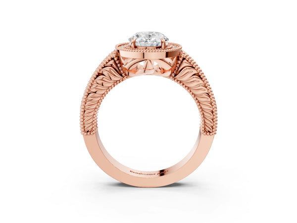 Rose Gold Oval Vintage Milgrain Halo Engagement Ring Setting with Pave Band and Engraving
