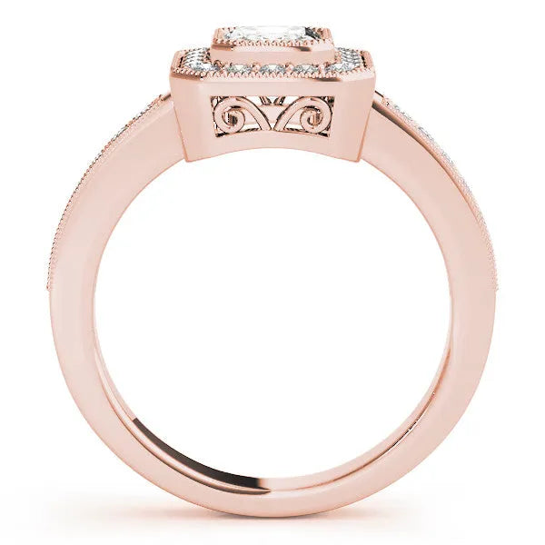 Rose gold Oval-Cut Halo Diamond Ring with Pavé Band and Milgrain Prong Setting