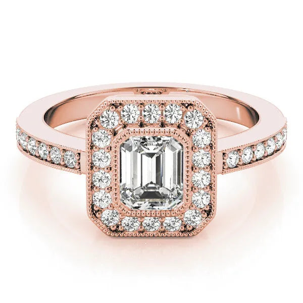 Rose gold Oval-Cut Halo Diamond Ring with Pavé Band and Milgrain Prong Setting