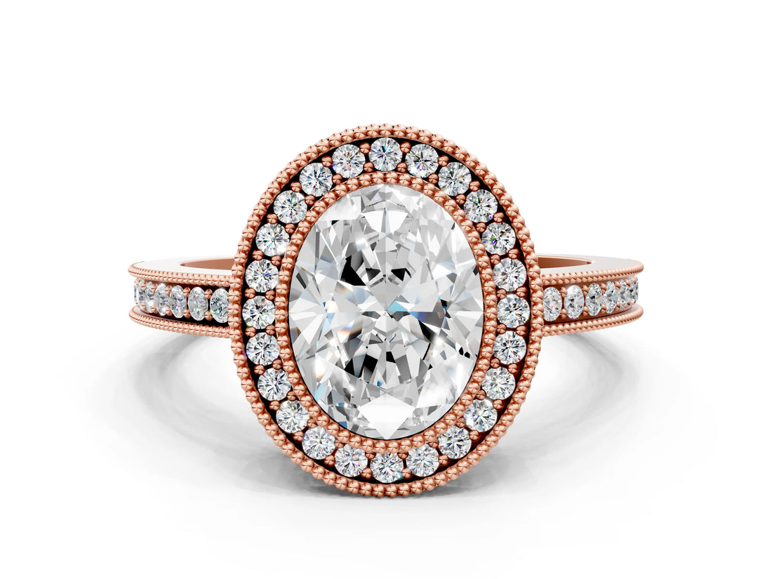 Rose gold Oval Cut Halo Diamond Ring with Pavé Band and Milgrain Prong Setting_32