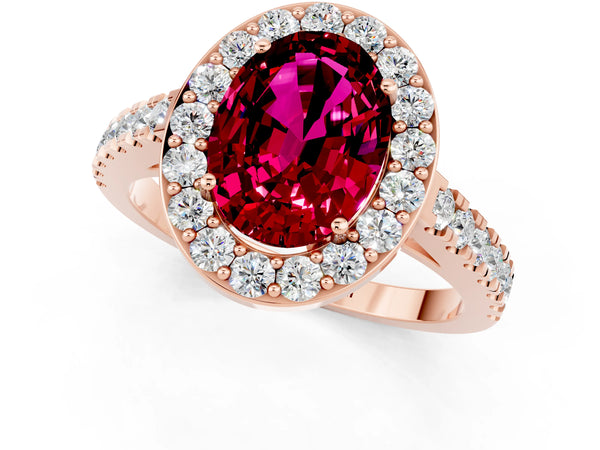 Rose gold Oval Cut Garnet Halo Ring with Round Pavé Split Shank and Prong Setting