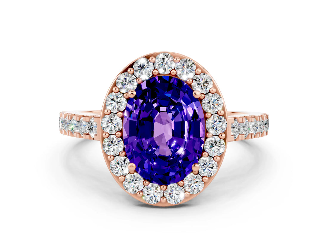 Rose gold Oval Cut Halo Diamond Ring with Pavé Band and Three-Prong Setting