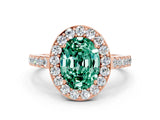 Rose gold Oval Cut Halo Diamond Ring with Pavé Band and Three-Prong Setting