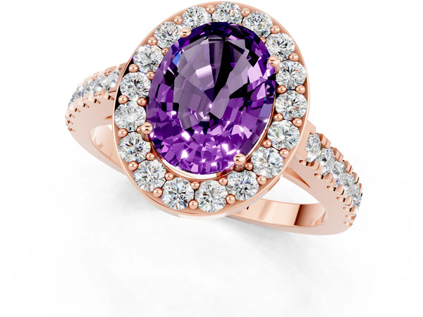 Rose gold Oval Cut Amethyst Halo Ring with Round Pavé Split Shank and Prong Setting