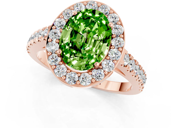 Rose gold Oval Cut Halo Diamond Ring with Pavé Band and Three-Prong Setting
