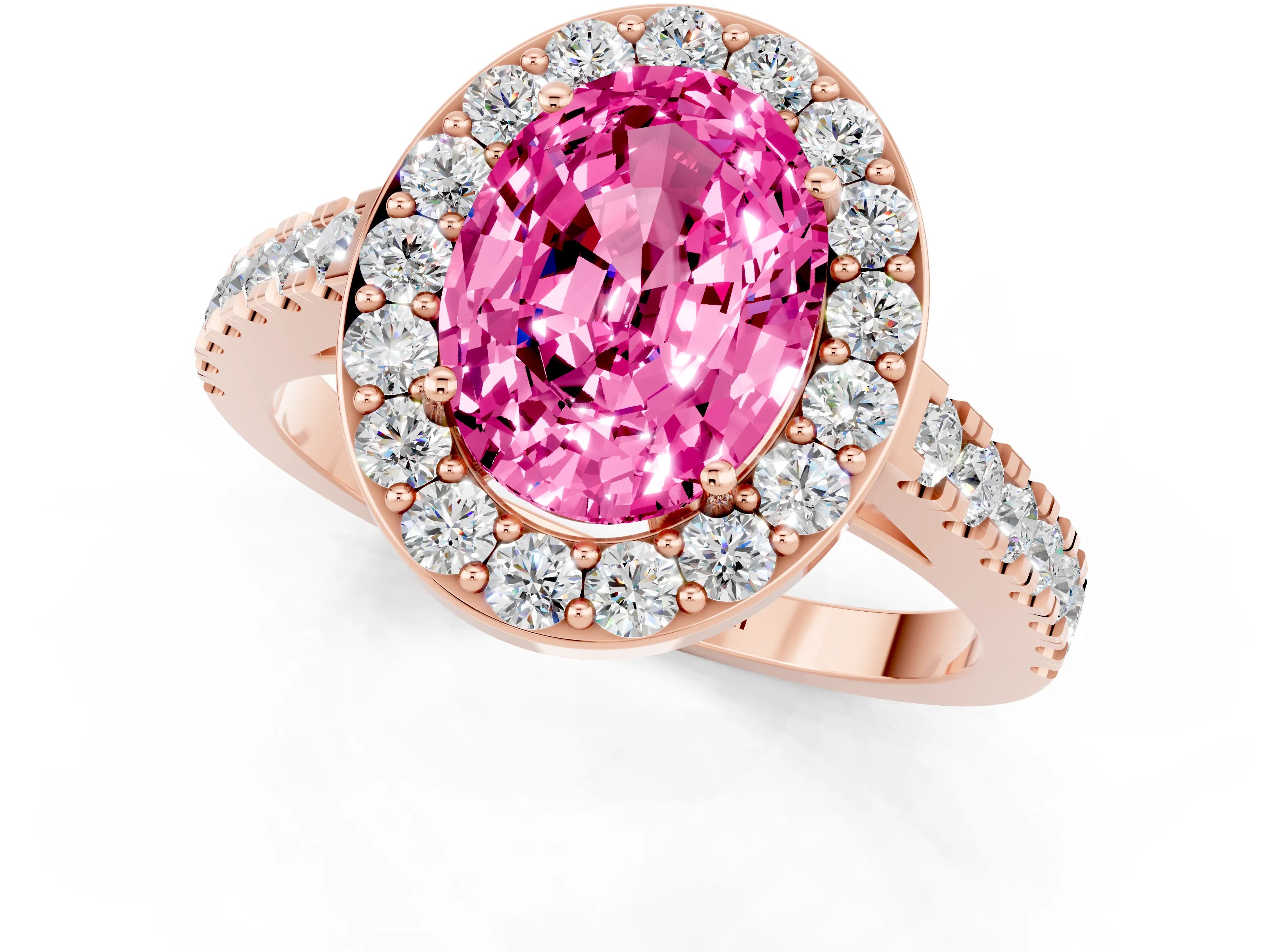 Rose gold Oval Cut Halo Diamond Ring with Pavé Band and Three-Prong Setting_1