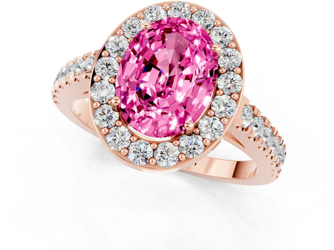 Rose gold Oval Cut Halo Diamond Ring with Pavé Band and Three-Prong Setting_1