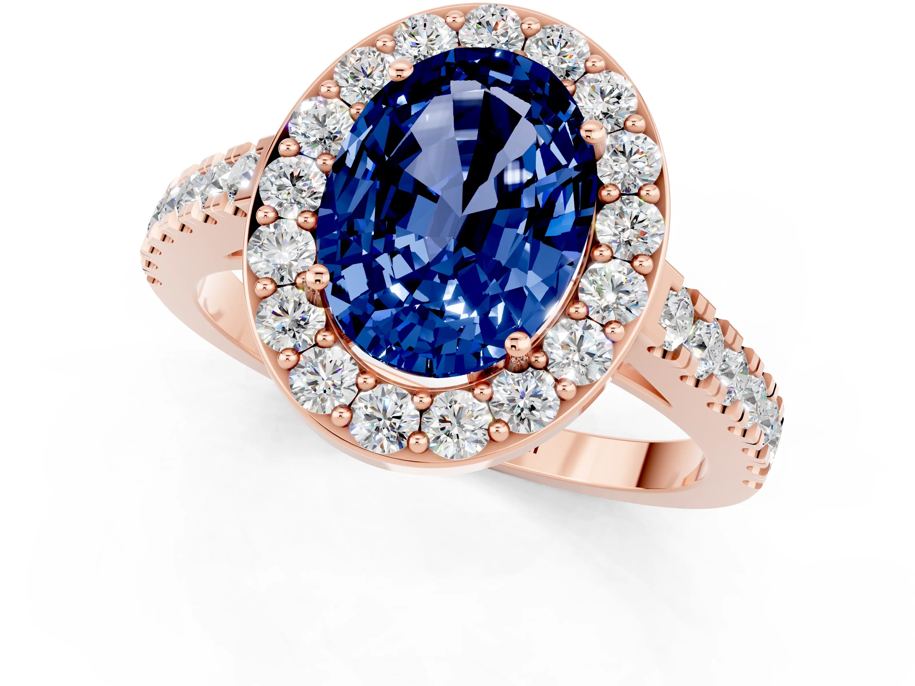 Rose gold Oval Cut Halo Diamond Ring with Pavé Band and Three-Prong Setting_1