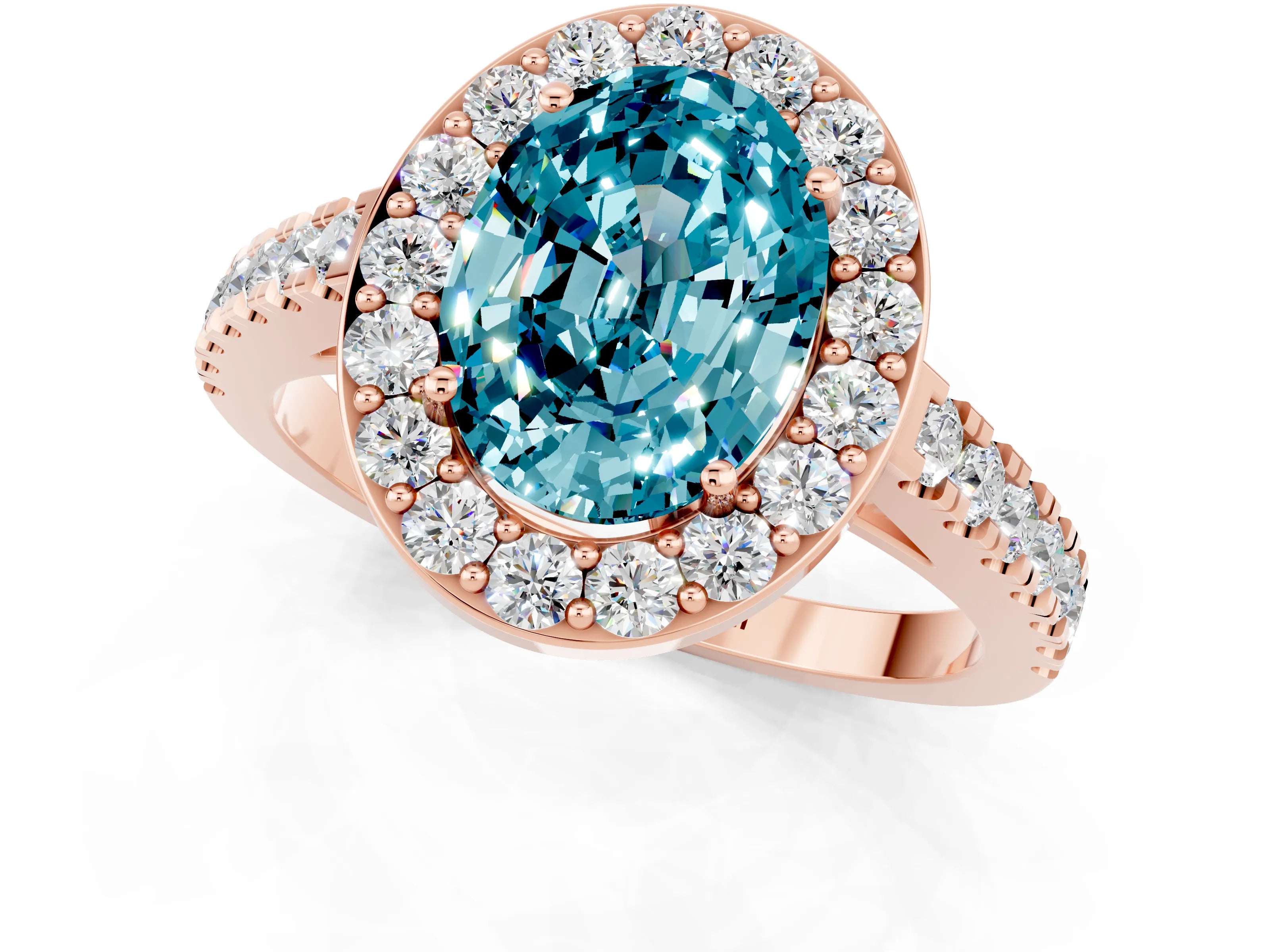 Rose gold Oval Cut Halo Diamond Ring with Pavé Band and Three-Prong Setting_1