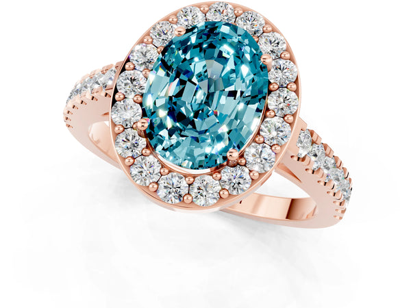 Rose gold Oval Cut Halo Diamond Ring with Pavé Band and Three-Prong Setting
