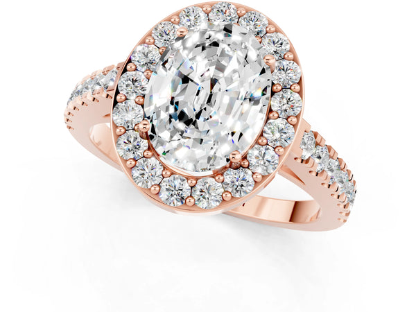 Rose gold Oval Cut Moissanite Halo Ring with Round Pavé Split Shank and Prong Setting