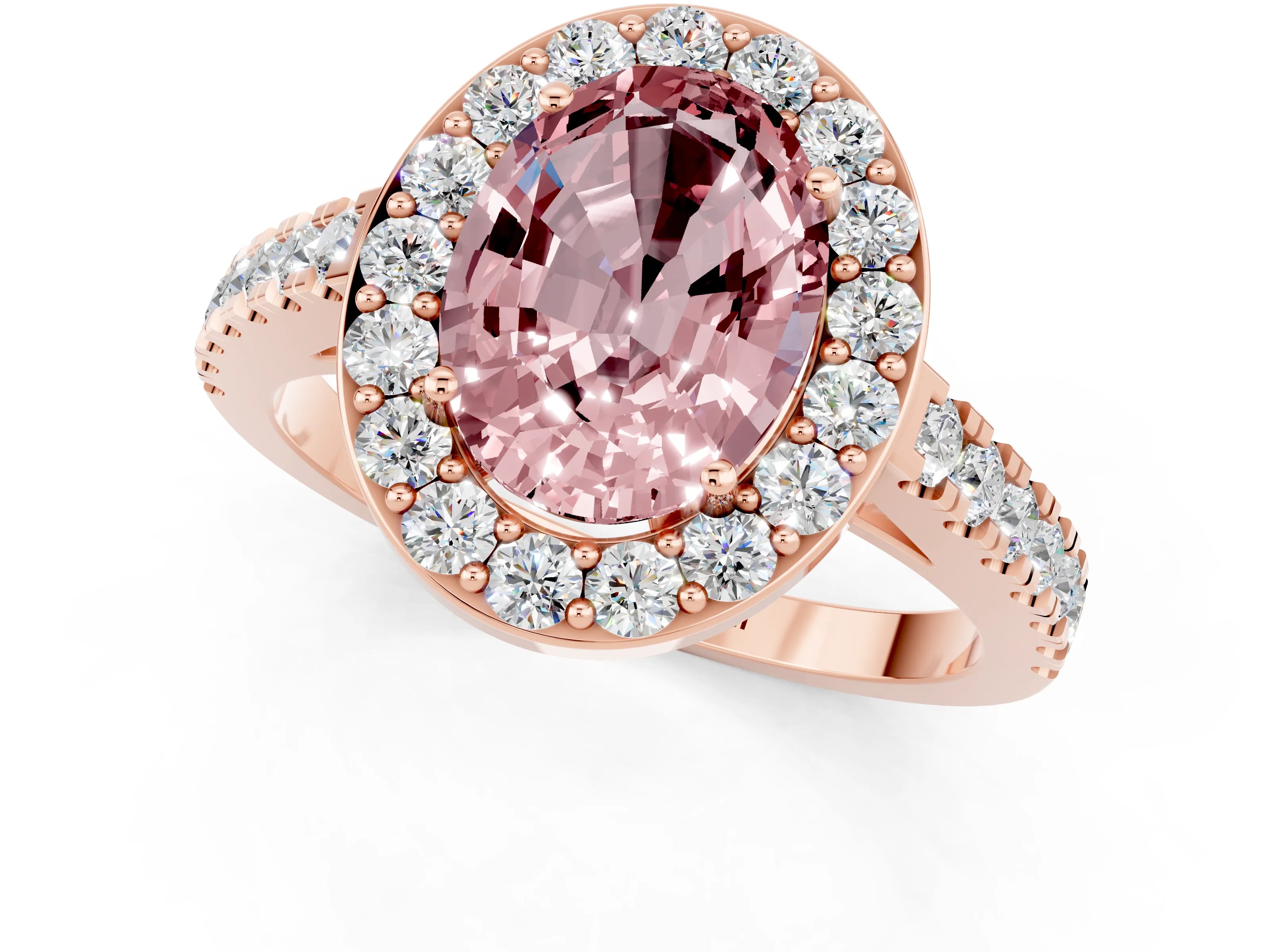 Rose gold Oval Cut Halo Diamond Ring with Pavé Band and Three-Prong Setting_1