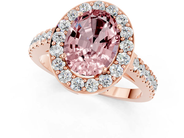 Rose gold Oval Cut Halo Diamond Ring with Pavé Band and Three-Prong Setting