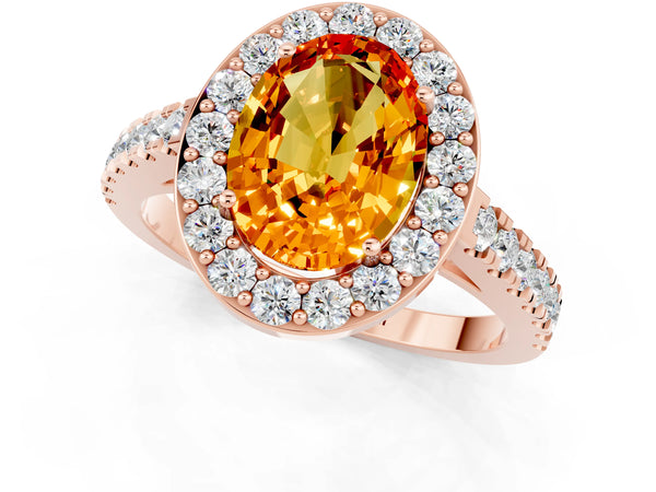 Rose gold Oval Cut Citrine Halo Ring with Round Pavé Split Shank and Prong Setting