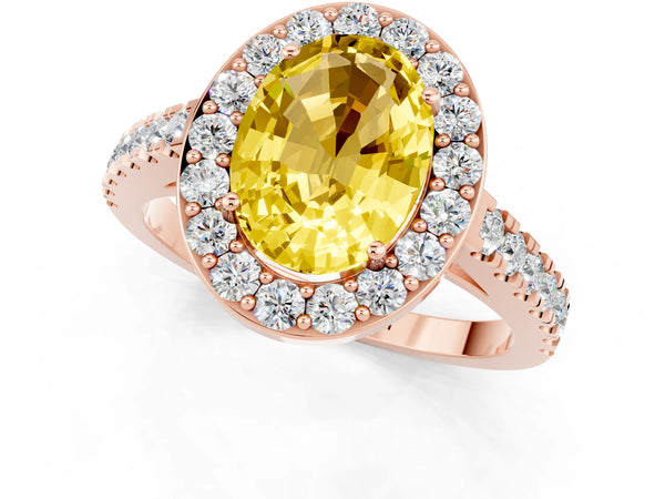 Rose gold Oval Cut Yellow Sapphire Halo Ring with Round Pavé Split Shank and Prong Setting