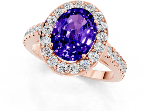 Rose gold Oval Cut Halo Diamond Ring with Pavé Band and Three-Prong Setting_1