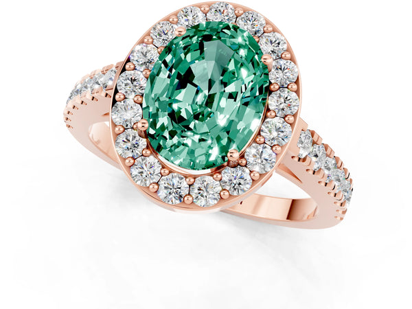 Rose gold Oval Cut Green Sapphire Halo Ring with Round Pavé Split Shank and Prong Setting