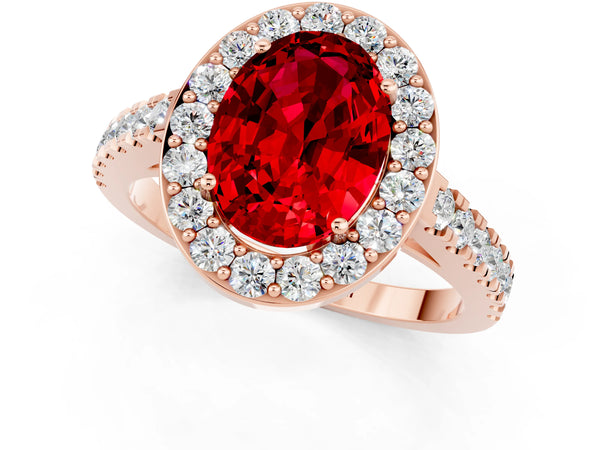Rose gold Oval Cut Ruby Halo Ring with Round Pavé Split Shank and Prong Setting