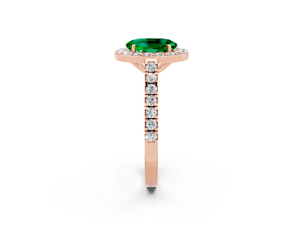 Rose gold Oval Cut Emerald Halo Ring with Round Pavé Split Shank and Prong Setting