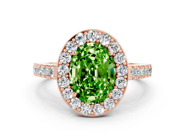 Rose gold Oval Cut Halo Diamond Ring with Pavé Band and Three-Prong Setting