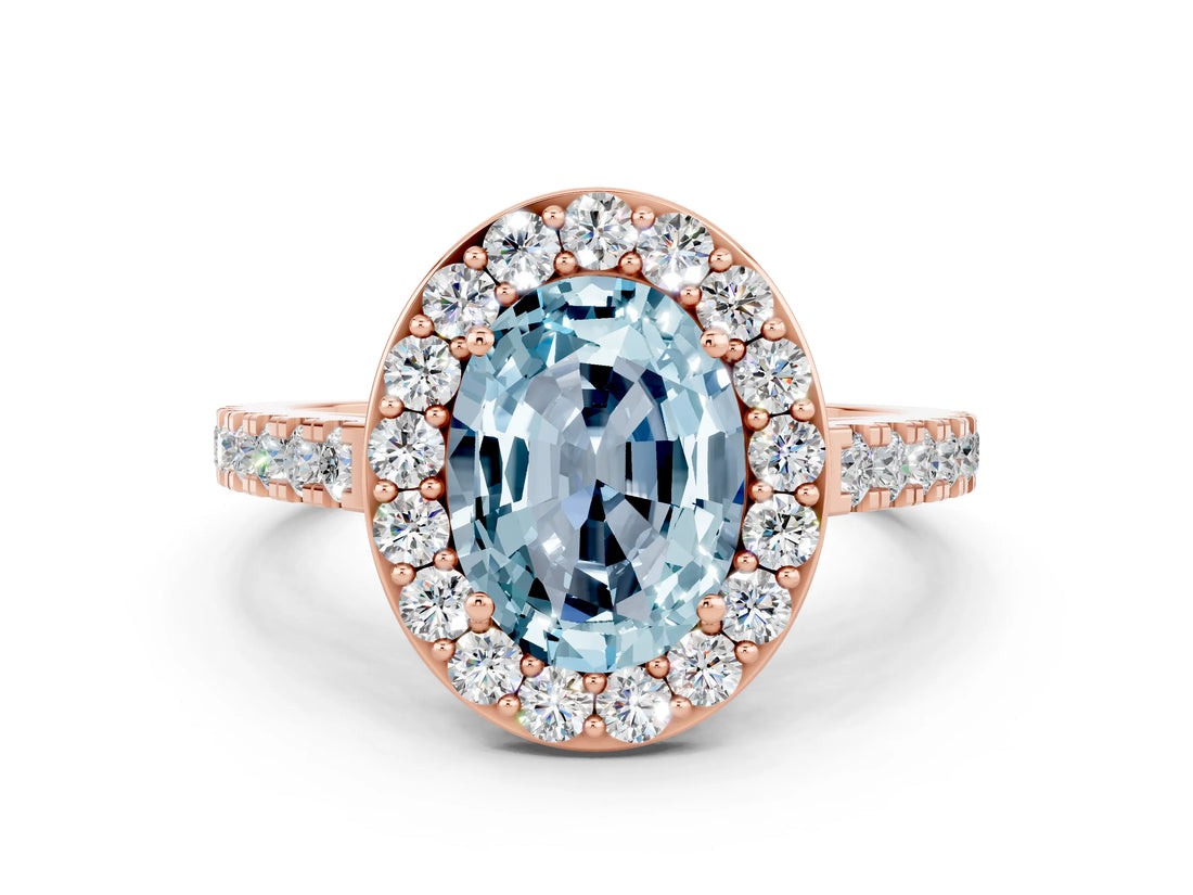 Rose gold Oval Cut Halo Diamond Ring with Pavé Band and Three-Prong Setting