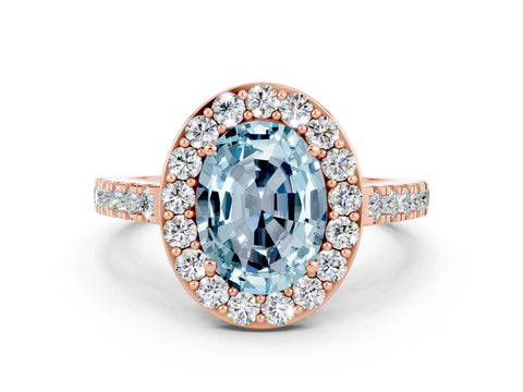 Rose gold Oval Cut Halo Diamond Ring with Pavé Band and Three-Prong Setting