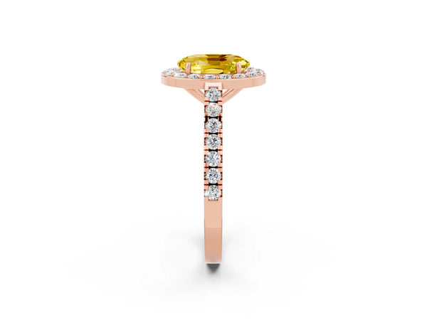 Rose gold Oval Cut Yellow Sapphire Halo Ring with Round Pavé Split Shank and Prong Setting