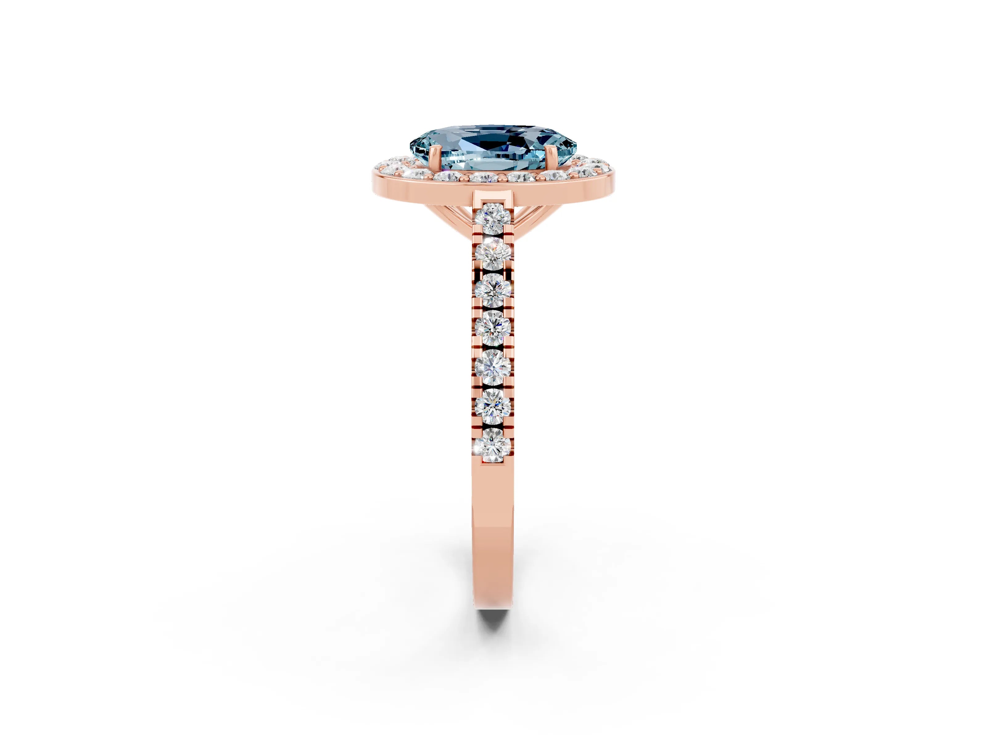 Rose gold Oval Cut Halo Diamond Ring with Pavé Band and Three-Prong Setting_2