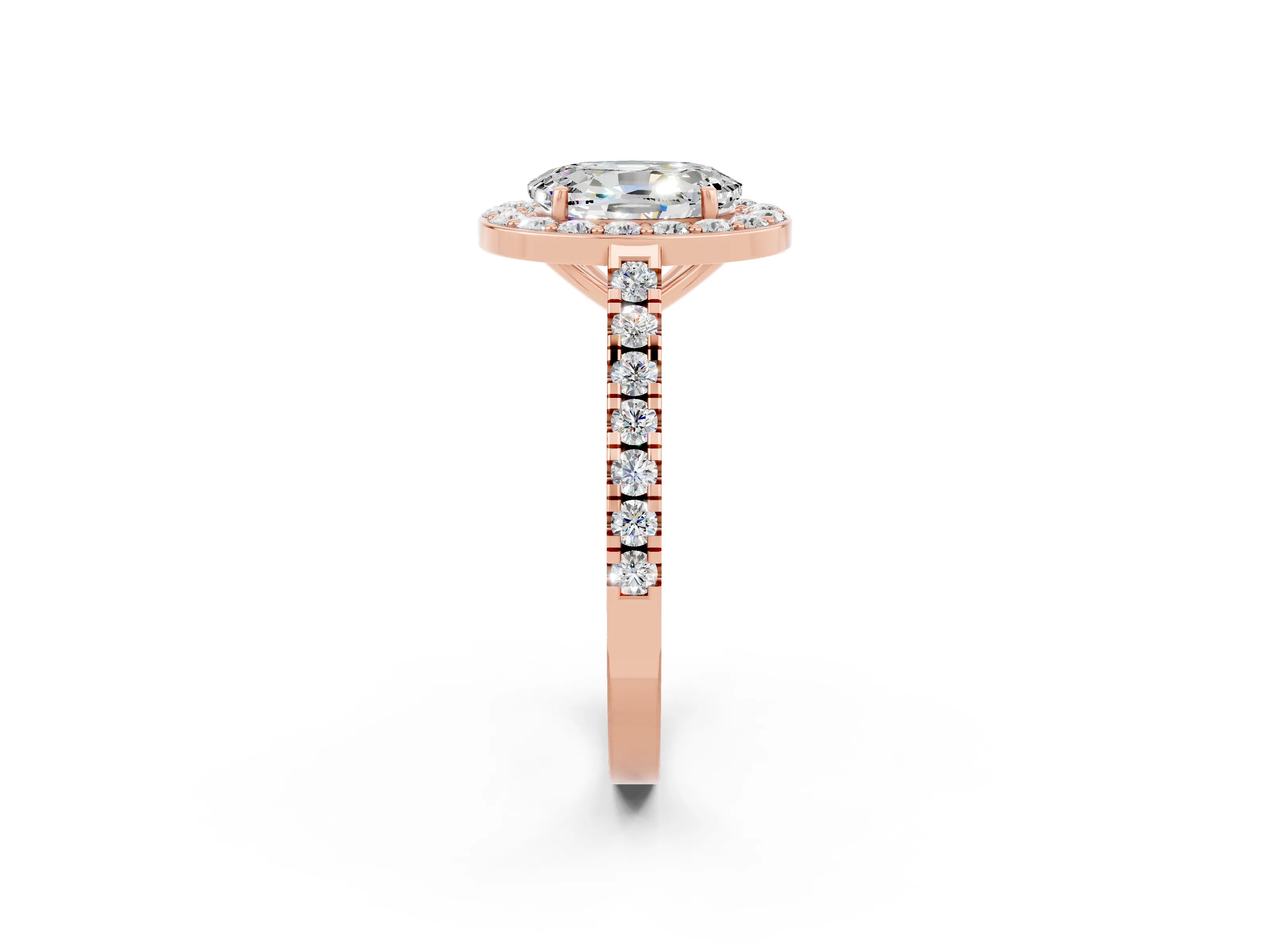 Rose gold Oval Cut Halo Diamond Ring with Pavé Band and Three-Prong Setting_2