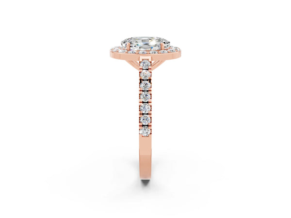Rose gold Oval Cut Moissanite Halo Ring with Round Pavé Split Shank and Prong Setting