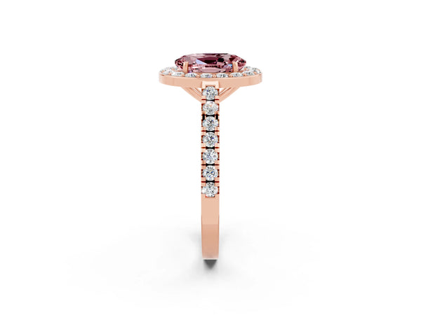Rose gold Oval Cut Halo Diamond Ring with Pavé Band and Three-Prong Setting