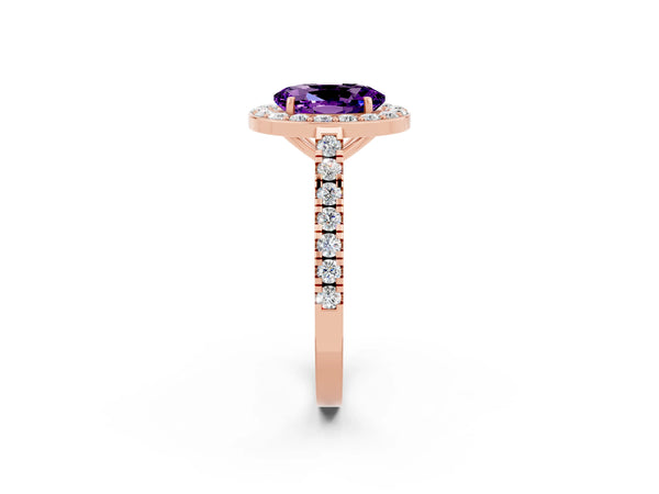 Rose gold Oval Cut Amethyst Halo Ring with Round Pavé Split Shank and Prong Setting