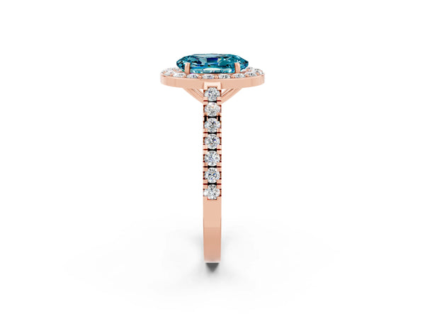 Rose gold Oval Cut Halo Diamond Ring with Pavé Band and Three-Prong Setting