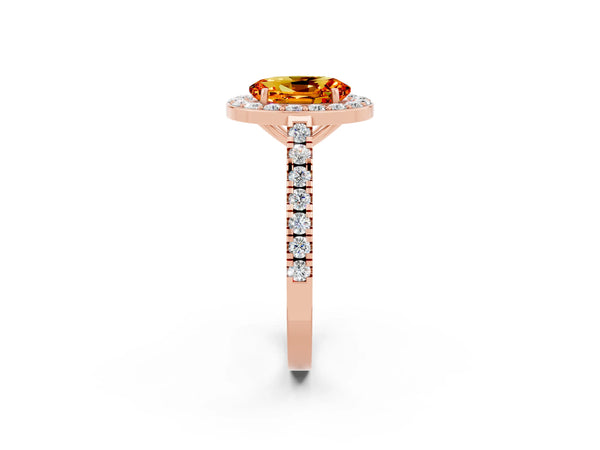 Rose gold Oval Cut Citrine Halo Ring with Round Pavé Split Shank and Prong Setting