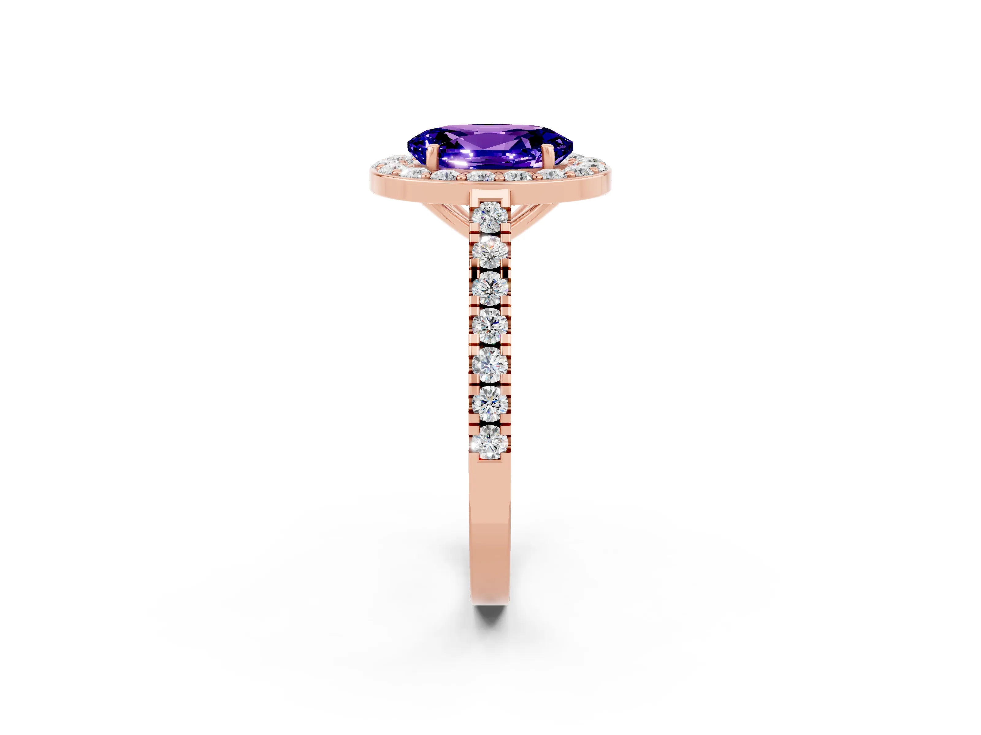 Rose gold Oval Cut Halo Diamond Ring with Pavé Band and Three-Prong Setting_2