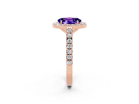 Rose gold Oval Cut Halo Diamond Ring with Pavé Band and Three-Prong Setting_2