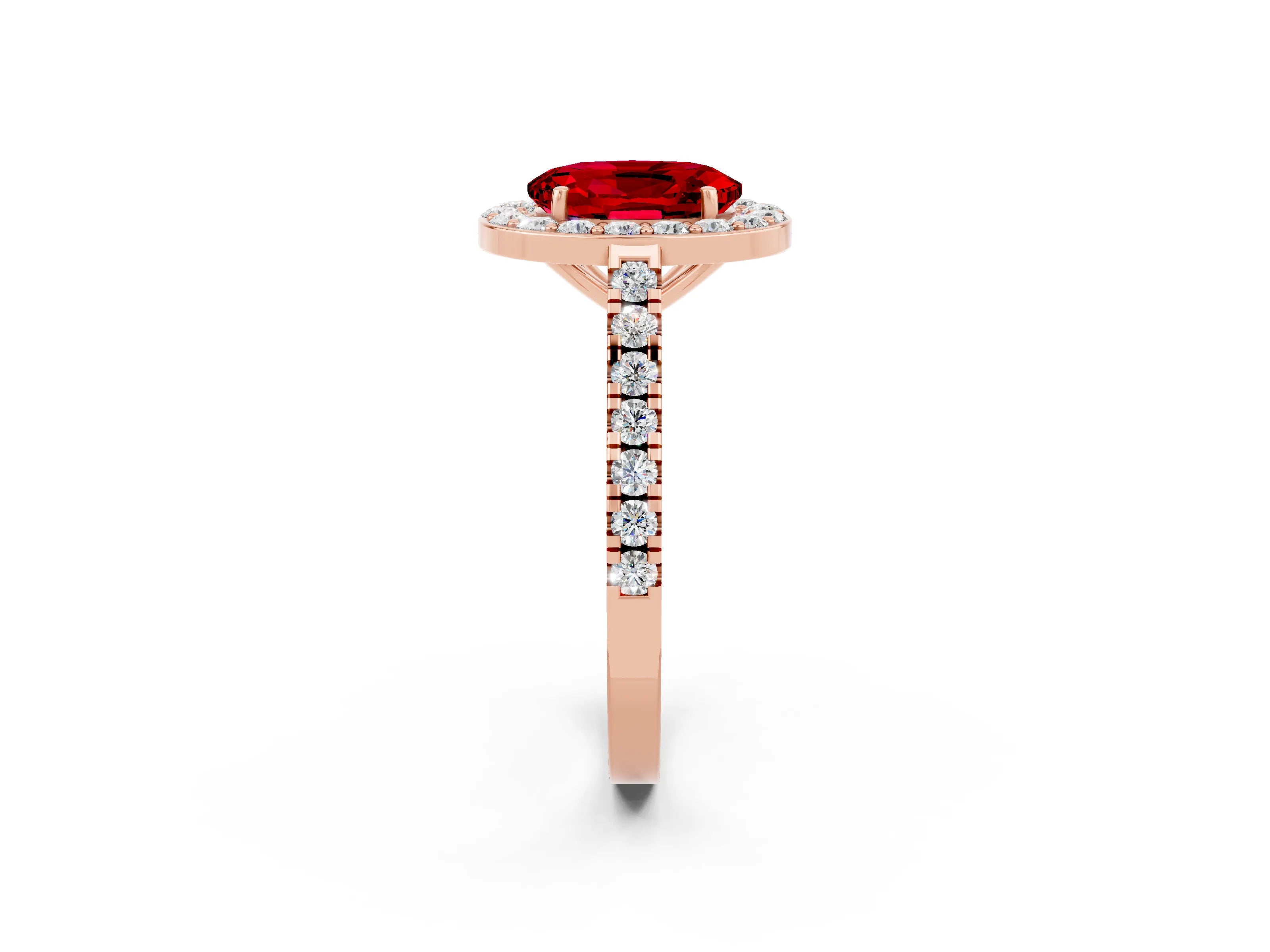 Rose gold Oval Cut Halo Diamond Ring with Pavé Band and Three-Prong Setting_2