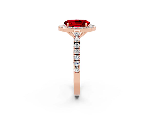 Rose gold Oval Cut Ruby Halo Ring with Round Pavé Split Shank and Prong Setting