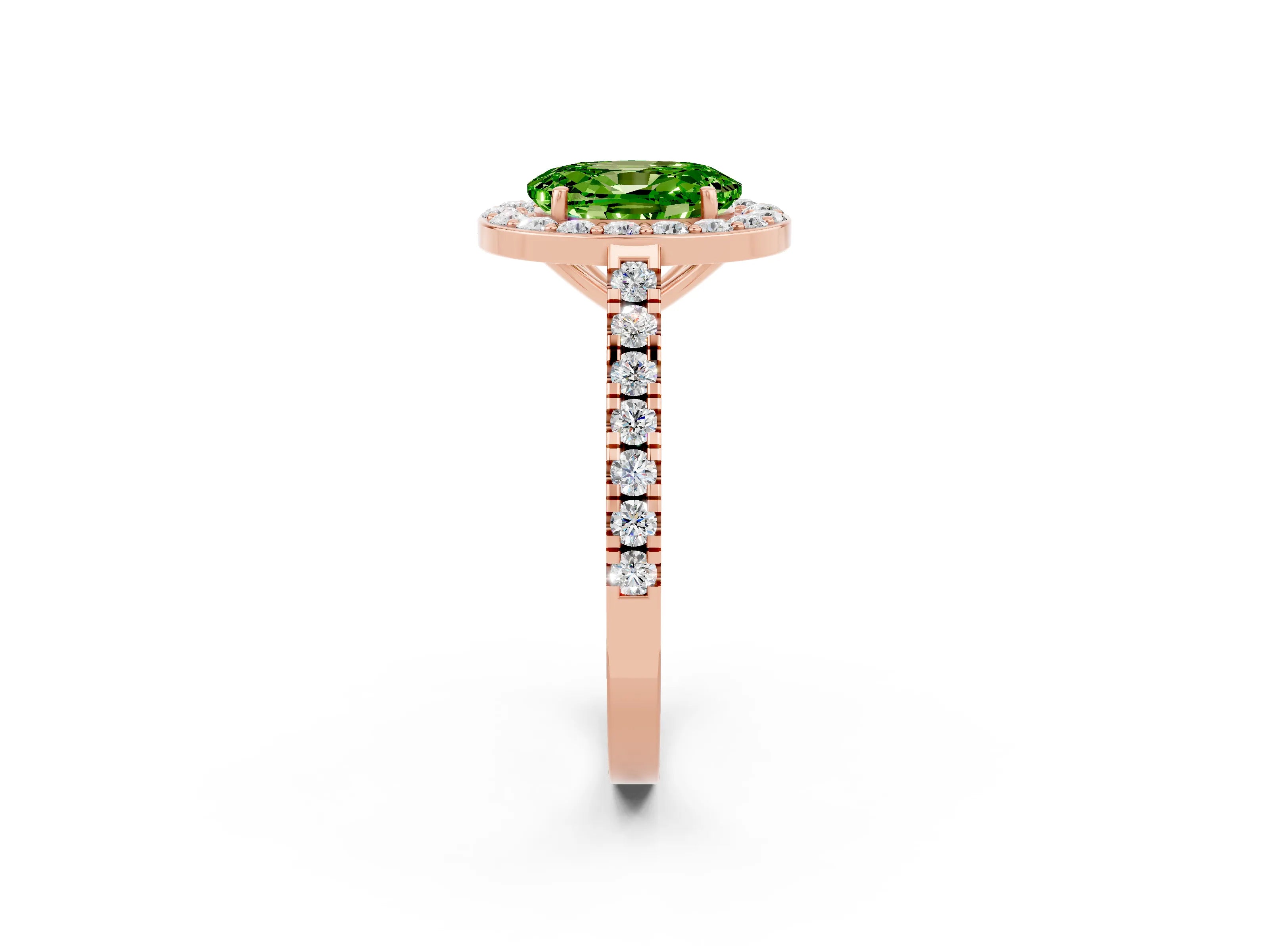 Rose gold Oval Cut Halo Diamond Ring with Pavé Band and Three-Prong Setting_2