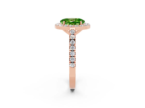 Rose gold Oval Cut Halo Diamond Ring with Pavé Band and Three-Prong Setting