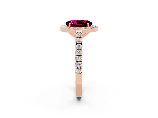 Rose gold Oval Cut Garnet Halo Ring with Round Pavé Split Shank and Prong Setting