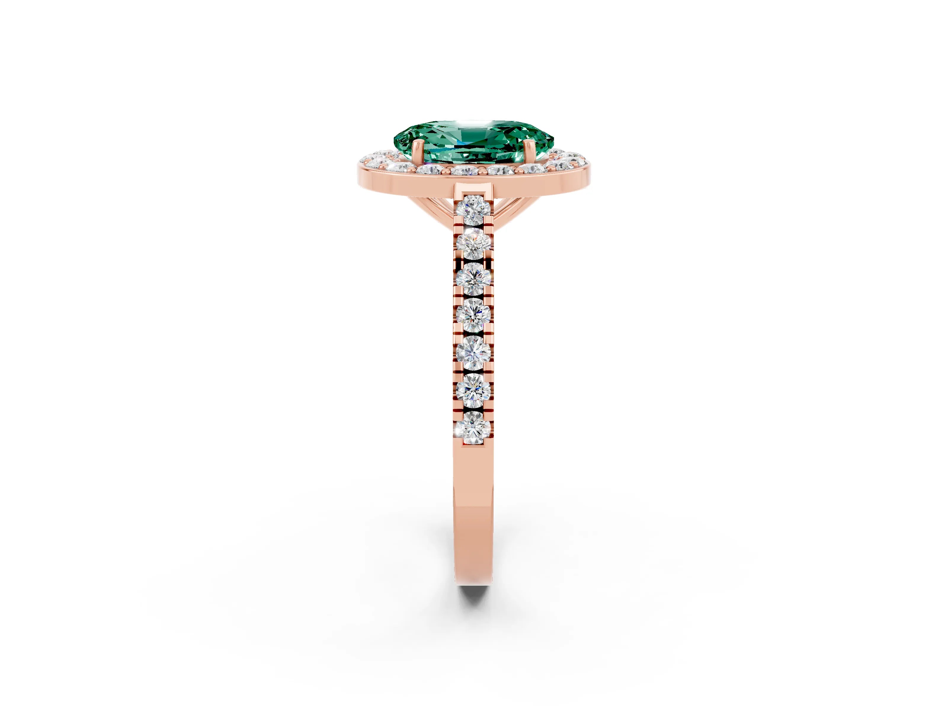 Rose gold Oval Cut Halo Diamond Ring with Pavé Band and Three-Prong Setting_2