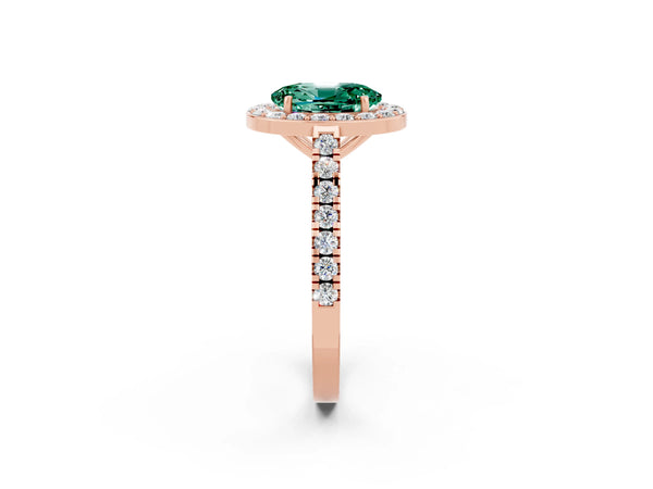 Rose gold Oval Cut Green Sapphire Halo Ring with Round Pavé Split Shank and Prong Setting